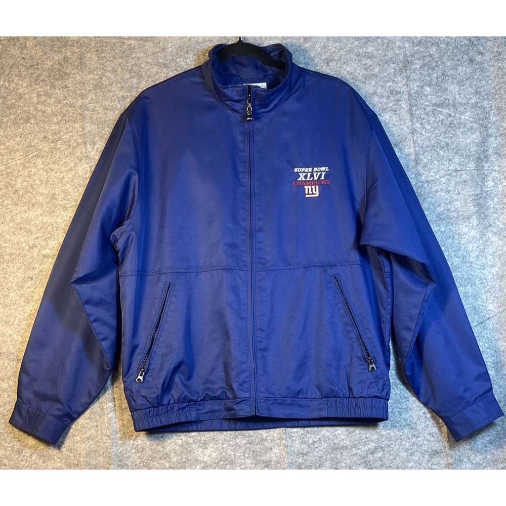 Cutter & Buck Zip Up Collared NY GIANTS S BOWL XLVI Jacket Mens Blue MEDIUM FLAW